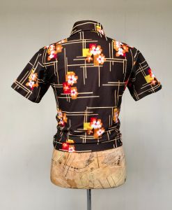 Vintage 1970s Short Sleeve Zippered Disco Shirt, Brown Polyester Floral Print Hipster Shirt, Unisex  - Fashionconstellate.com