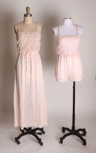 1970s Light Pink Nylon Romper Teddy w/Matching Night Gown & Robe 3-piece Lingerie Set by Lorraine - Fashionconstellate.com