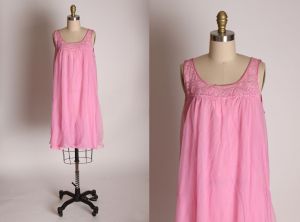 1960s Pink Nylon Double Layer Sleeveless Sheer Overlay Lace Detail Nightgown by Sears - L