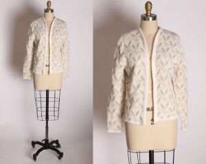 1950s White and Gold Acrylic Knit Long Sleeve Open Front Sweater by Kay Wright - M