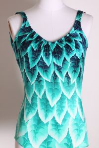 1960s Green Turquoise and White Novelty Leaf Print One Piece Swimsuit by Deweese - S/M - Fashionconstellate.com
