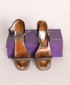 Late 1960s Black Satin & Light Brown Beaded Slingback High Heel Pumps Shoes by Margaret Jerrold