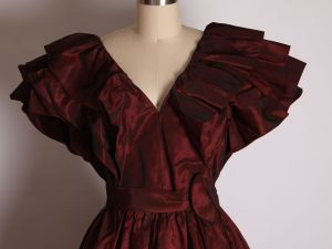 1970s Burgundy Red Sharkskin Acetate Oversized Ruffled Shoulders Rose Full Skirt Formal Prom Dress - Fashionconstellate.com