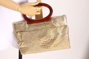 1960s Metallic Gold Foil Tortoise Top Handle Foldable Purse