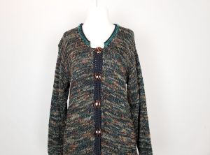 80s Cardigan Sweater Brown Green Cotton Blend Large Buttons | Vintage Misses S - Fashionconstellate.com