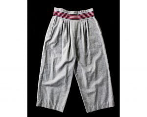 Size 10 Thierry Mugler Pants - 1970s Boho Ladies Gaucho Trouser - Gray Wool Pegged Waist with Stripe - Fashionconstellate.com