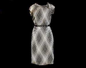 Size 10 1960s Dress - Summer Optical Print Mod Sheath with Original Belt - 1960s Short Sleeve Brown