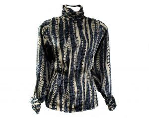 Size 10 Gray Silky Blouse - 1980s Indigo Blue Satin Long Sleeve Shirt - Lightweight Fluid Blousy 80s