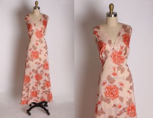 1960s Pink and Beige Floral Print Deep V Sleeveless Nightgown - XL