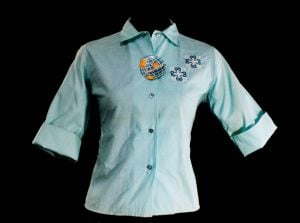 Size 6 1950s Aqua Blue Blouse - Tailored Cotton Top w Four Leaf Embroidery - Two Tone 50s 60s Small