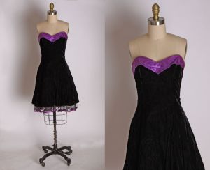 1980s 1990s Black Velvet and Purple Satin Trim Tulle Pageant Prom Dress by Roberta - XS