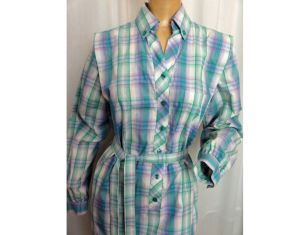 Vintage 70s Plaid Cotton Day Dress Aqua Blue Green Checked Shift Shirt Dress by Schrader |XL/XXL - Fashionconstellate.com