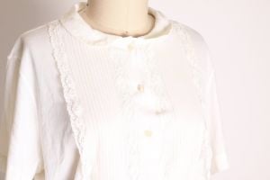1950s White Nylon Lace Detail Short Sleeve Button Up Front Blouse - XL - Fashionconstellate.com