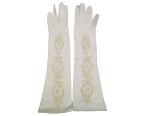 Vintage Ladies White Kid Leather Cutwork Long Evening Gloves Lace Inset