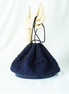Vintage Handbag, Drawstring Bag, 1950s Handbag, Navy Blue Crochet Gimp Handbag - Fashionconstellate.com