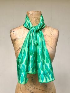 Vintage 1970s VERA Scarf, Green Silk Hand-rolled Hem, Made in Japan, 45x15 Oblong - Fashionconstellate.com