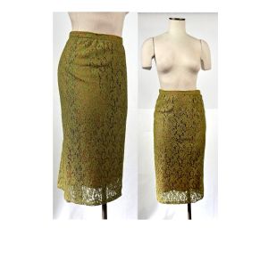 50s 60s Chartreuse Lace Pin-Up Rockabilly Wiggle Pencil Skirt | W 27''