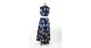 1960s maxi dress turtleneck sleeveless navy blue floral with belt Size L