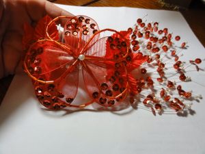 Vintage 80s Red Flower Comb with Sequins and Beads Hair Accessory Wedding Prom Fascinator