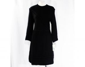 Size 10 Italian Wool Dress - 1960s Black Asymmetric Cabled Sweater Knit by Cadillac - Long Sleeve