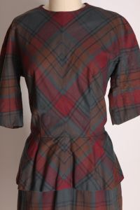 1940s Red and Gray Plaid 3/4 Length Sleeve Peplum Waist Detail Dress by L’Aiglon - S/M - Fashionconstellate.com