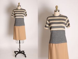 1950s Tan, White and Gray Short Sleeve Blouse with Matching Skirt Knit Wool Skirt Suit by Mirsa - S