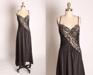 1970s Black and Gold Nylon Sheer Lace Panel Insert Spaghetti Strap Nightgown - XS/S