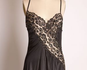 1970s Black and Gold Nylon Sheer Lace Panel Insert Spaghetti Strap Nightgown - XS/S - Fashionconstellate.com