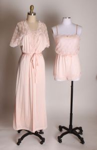 1970s Light Pink Nylon Romper Teddy w/Matching Night Gown & Robe 3-piece Lingerie Set by Lorraine