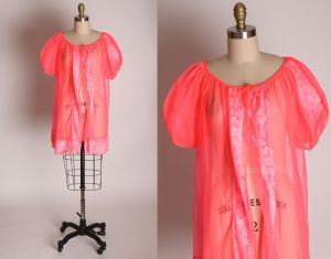 1960s Hot Electric Pink Sheer Nylon Lingerie Robe Negligee - XL