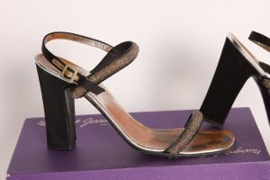 Late 1960s Black Satin & Light Brown Beaded Slingback High Heel Pumps Shoes by Margaret Jerrold - Fashionconstellate.com