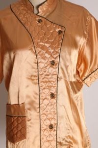 1940s Gold Yellow and Black Quilted Collar Pocketed Lingerie Pajama Top Blouse by Paulette New York  - Fashionconstellate.com