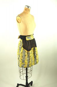 1940s/50s apron black yellow gray organza and cotton with ric rac trim with pocket - Fashionconstellate.com
