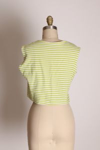 1950s Green and White Striped Knit Gold Button Sleeveless Crop Top Blouse - S - Fashionconstellate.com