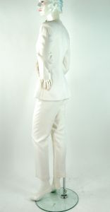 1990s pantsuit white linen suit with long jacket slim pants military style Size 6 Linda Segal - Fashionconstellate.com