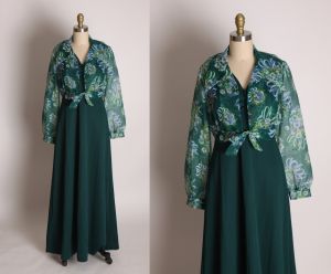 1970s Teal Blue Green Polyester Sleeveless Empire Waist Dress with Sheer Overlay Floral Tie