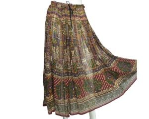 Vintage 1970s Indian Gauze Cotton Skirt w Floral Block Printed Pattern One Size - Fashionconstellate.com