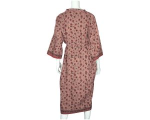 Vintage 1970s Indian Cotton Dressing Gown Block Printed Flower Pattern Robe M L - Fashionconstellate.com