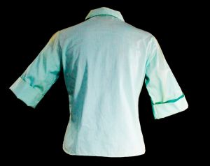 Size 6 1950s Aqua Blue Blouse - Tailored Cotton Top w Four Leaf Embroidery - Two Tone 50s 60s Small - Fashionconstellate.com