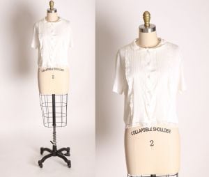 1950s White Nylon Lace Detail Short Sleeve Button Up Front Blouse - XL
