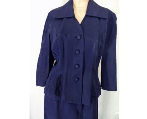 Vintage 50s Skirt Suit Fitted Peplum Jacket /Navy Blue Rayon Faille /Wedding Suit /Film Noir - Fashionconstellate.com