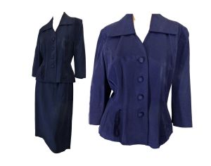 Vintage 50s Skirt Suit Fitted Peplum Jacket /Navy Blue Rayon Faille /Wedding Suit /Film Noir