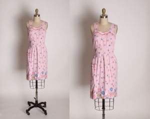 1940s Pink and White Striped Floral Print Wide Strap Sleeveless Dress - M
