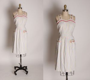 1940s White, Red, Green and Yellow Striped Sleeveless Wide Strap Pocketed Dress - M