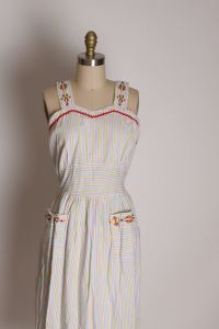 1940s White, Red, Green and Yellow Striped Sleeveless Wide Strap Pocketed Dress - M - Fashionconstellate.com