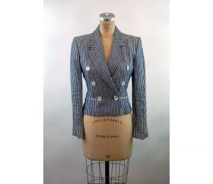 1980s Calvin Klein blazer blue white striped double breasted fitted jacket Size S