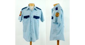 1970s vintage fireman uniform dress shirt blue with patches Size 16 neck short sleeve