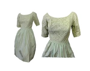 50s-60s Party Dress Lacy Pastel Green Bubble Skirt Dress Bridesmaid/Evening/Cocktail Dress 26'' Waist