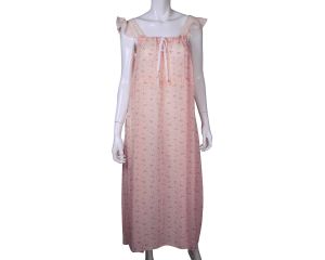 Vintage Nightie 1940s Silky Floral Printed Nightgown w Lace Trim Size M L