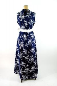 1960s maxi dress turtleneck sleeveless navy blue floral with belt Size L - Fashionconstellate.com